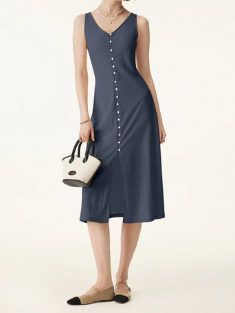 OGL Navy Multi-wear V-neck Button Front Midi Vest Dress Size Small NWT